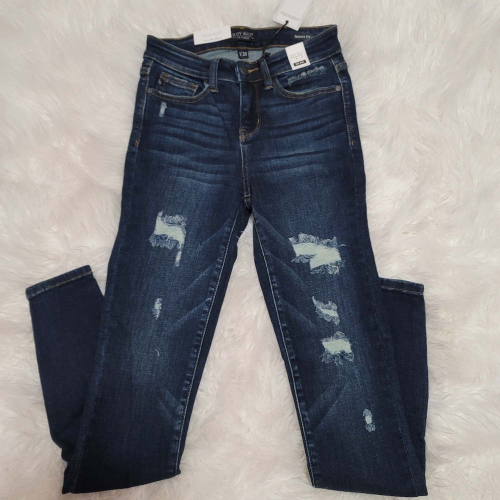 New Judy Blue Dark Distressed Skinny Jeans